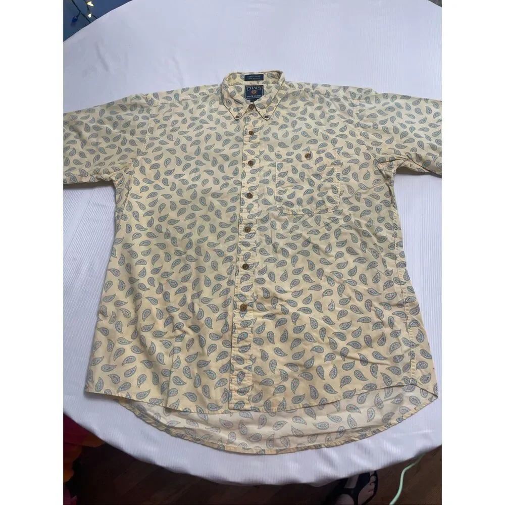Chaps Ralph Lauren Mens L Large Button Down Shirt Paisley Yellow 90s Vintage